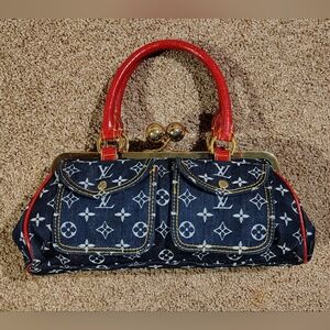 Navy and Red Denim Monogram Women's Clasp Bag Purse Pocketbook
